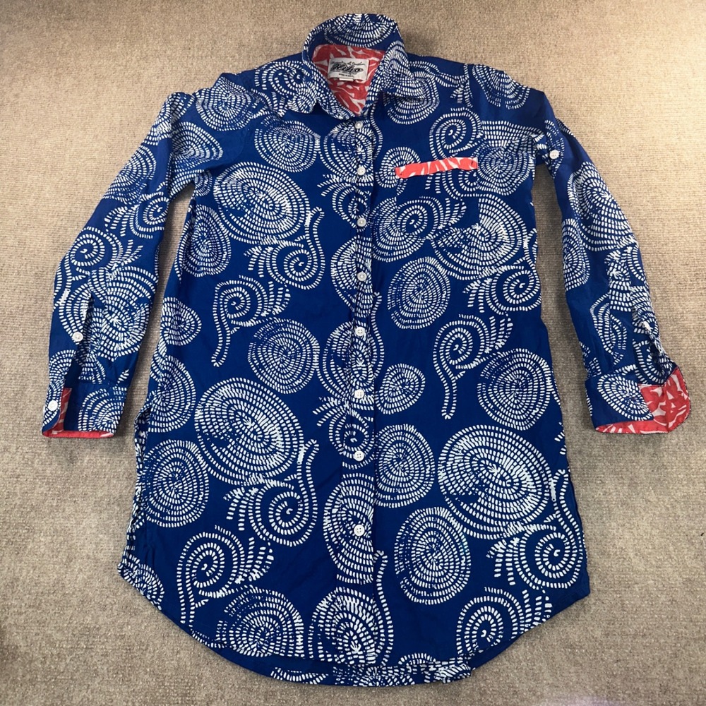 Hiho Caribbean Womens XS Blue White Spiral Print Cotton Button Down Shirt Dress